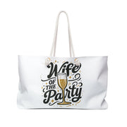 White tote bag with 'Wife of the Party' text and champagne glass design on a white background