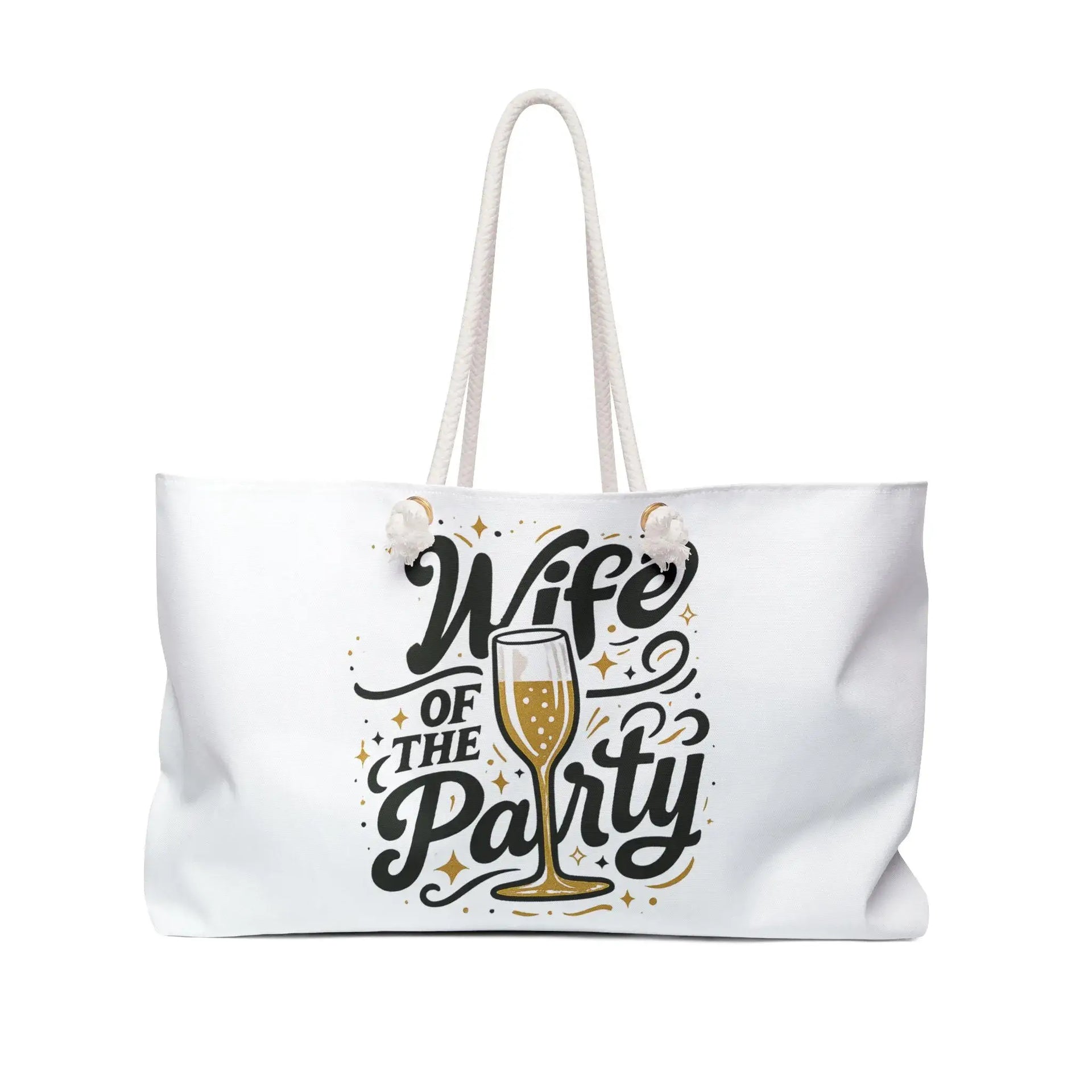 White tote bag with 'Wife of the Party' text and champagne glass design on a white background