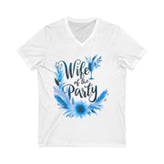 White t-shirt with 'Wife of the Party' text and blue floral design on a white background