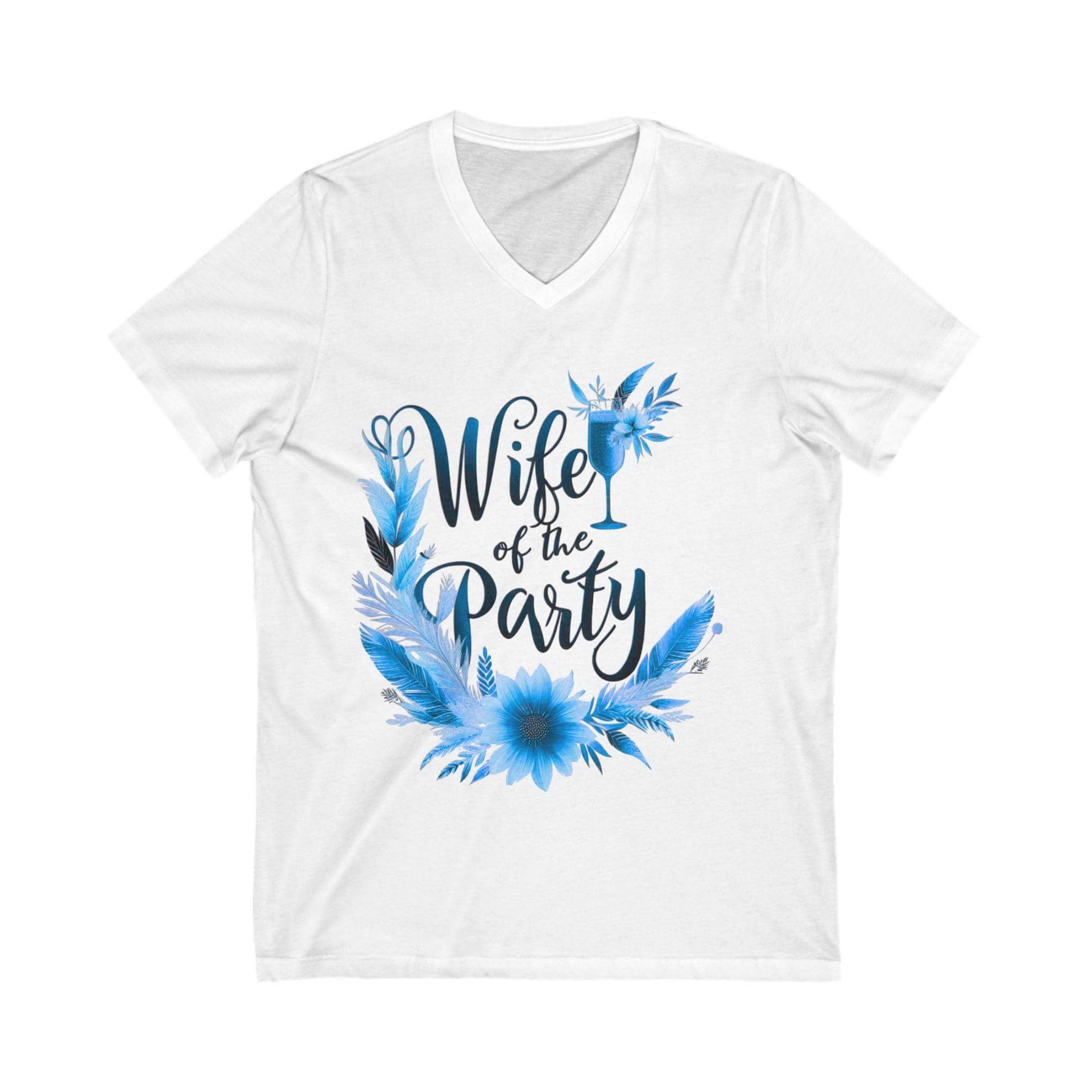 White t-shirt with 'Wife of the Party' text and blue floral design on a white background