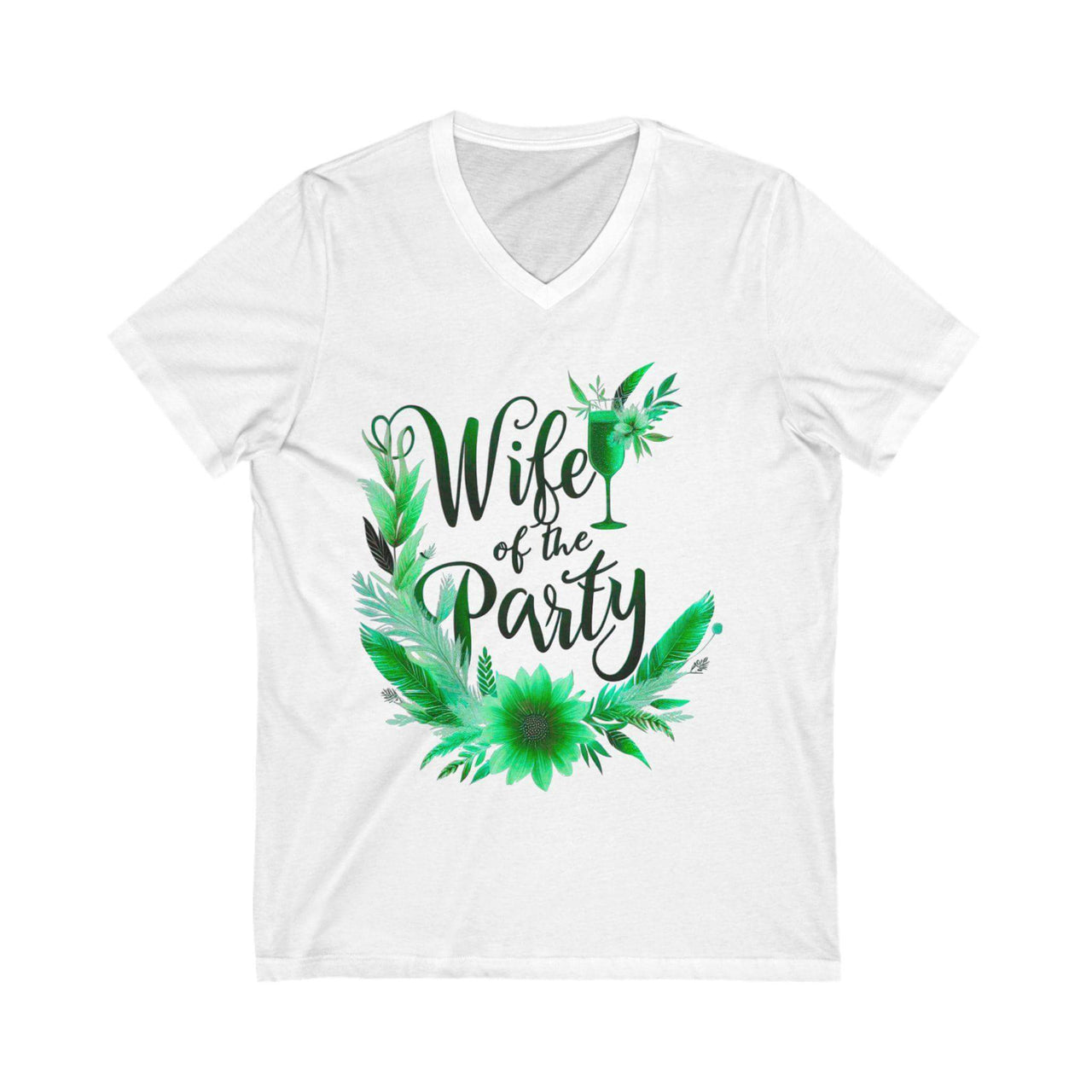 White t-shirt with 'Wife of the Party' text and green floral design on a white background