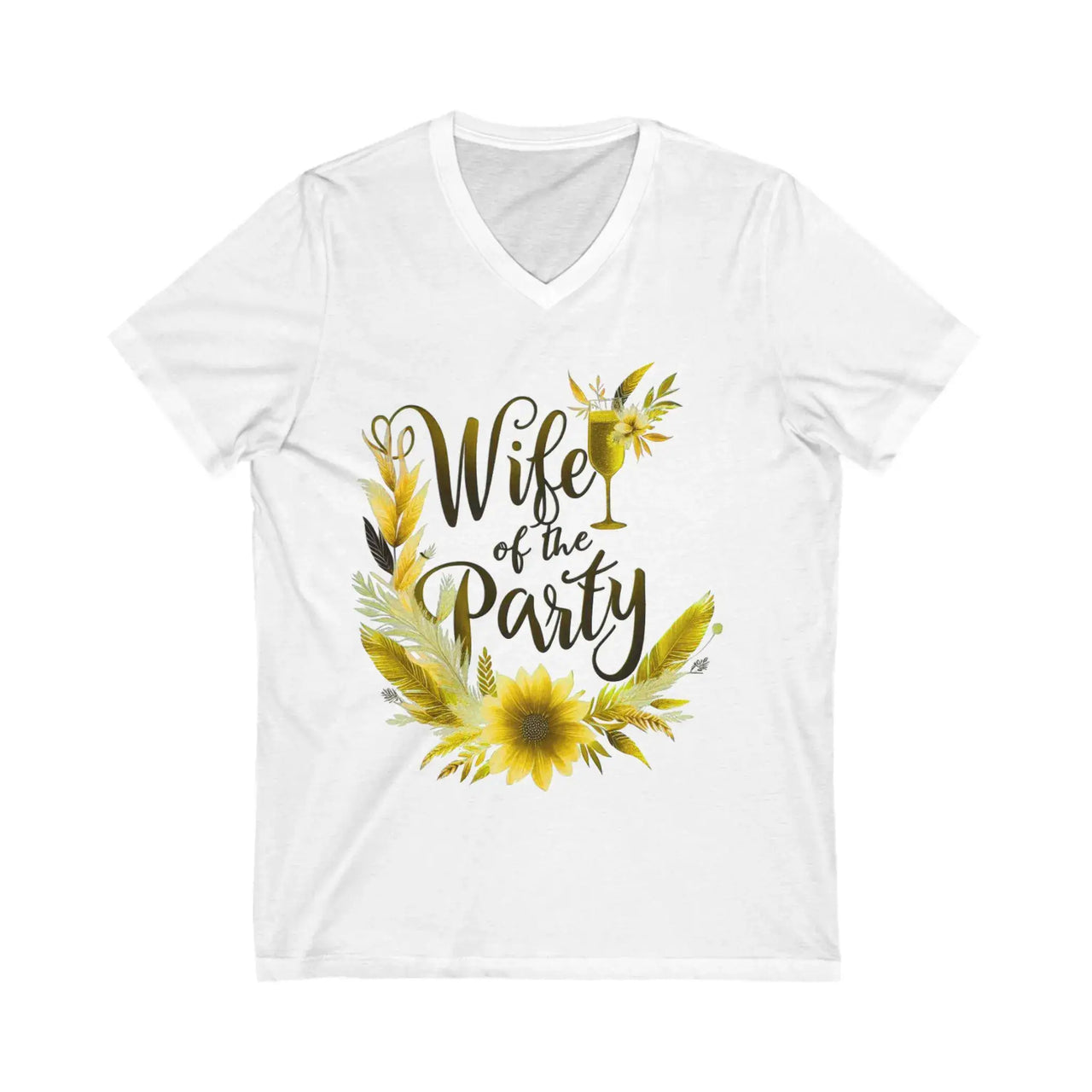White t-shirt with 'Wife of the Party' text and floral design on a white background