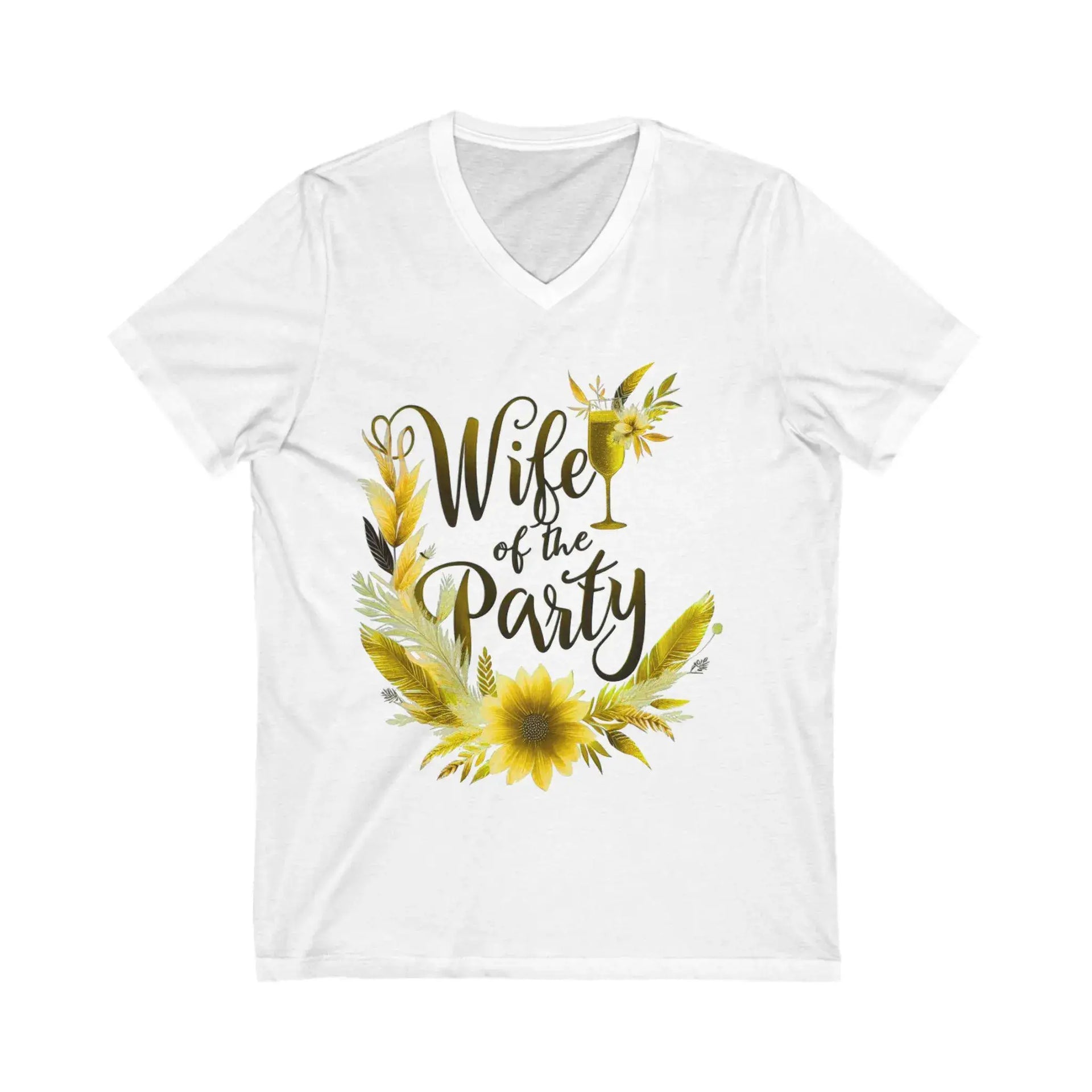 White t-shirt with 'Wife of the Party' text and floral design on a white background
