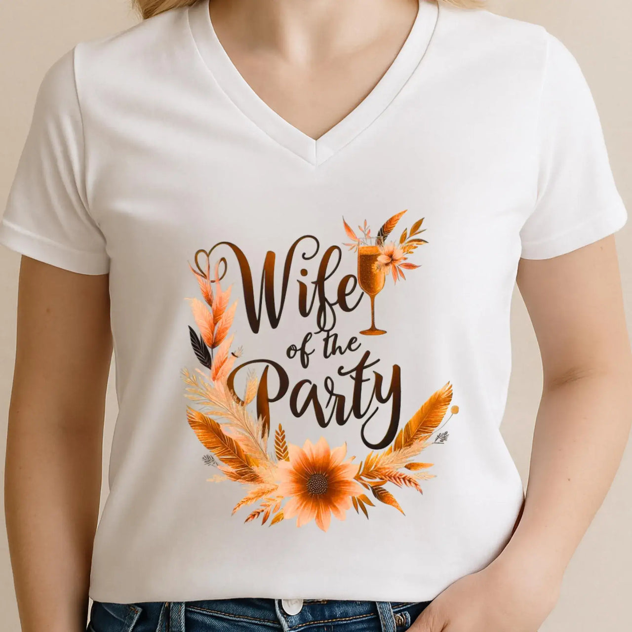White t-shirt with 'Wife of the Party' design featuring flowers and a glass.
