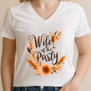 White t-shirt with 'Wife of the Party' design featuring flowers and a glass.