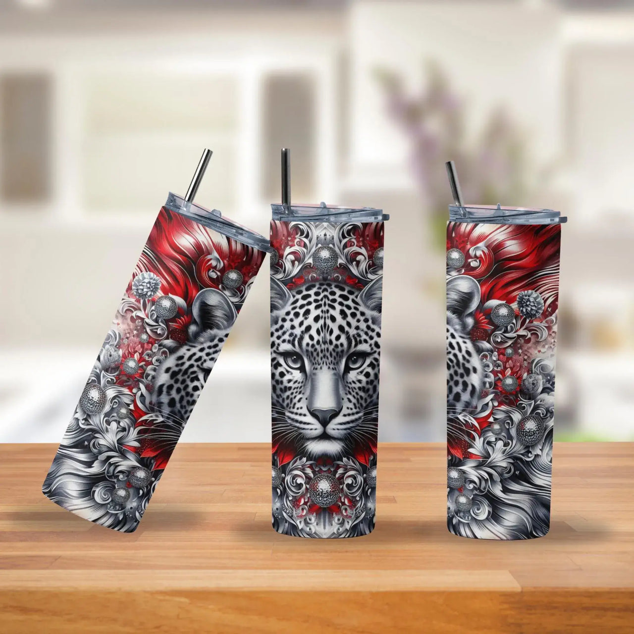 Majestic Snow Leopard Tumbler | 20oz Stainless Steel Cup with Red & Silver Ornate Jungle Art