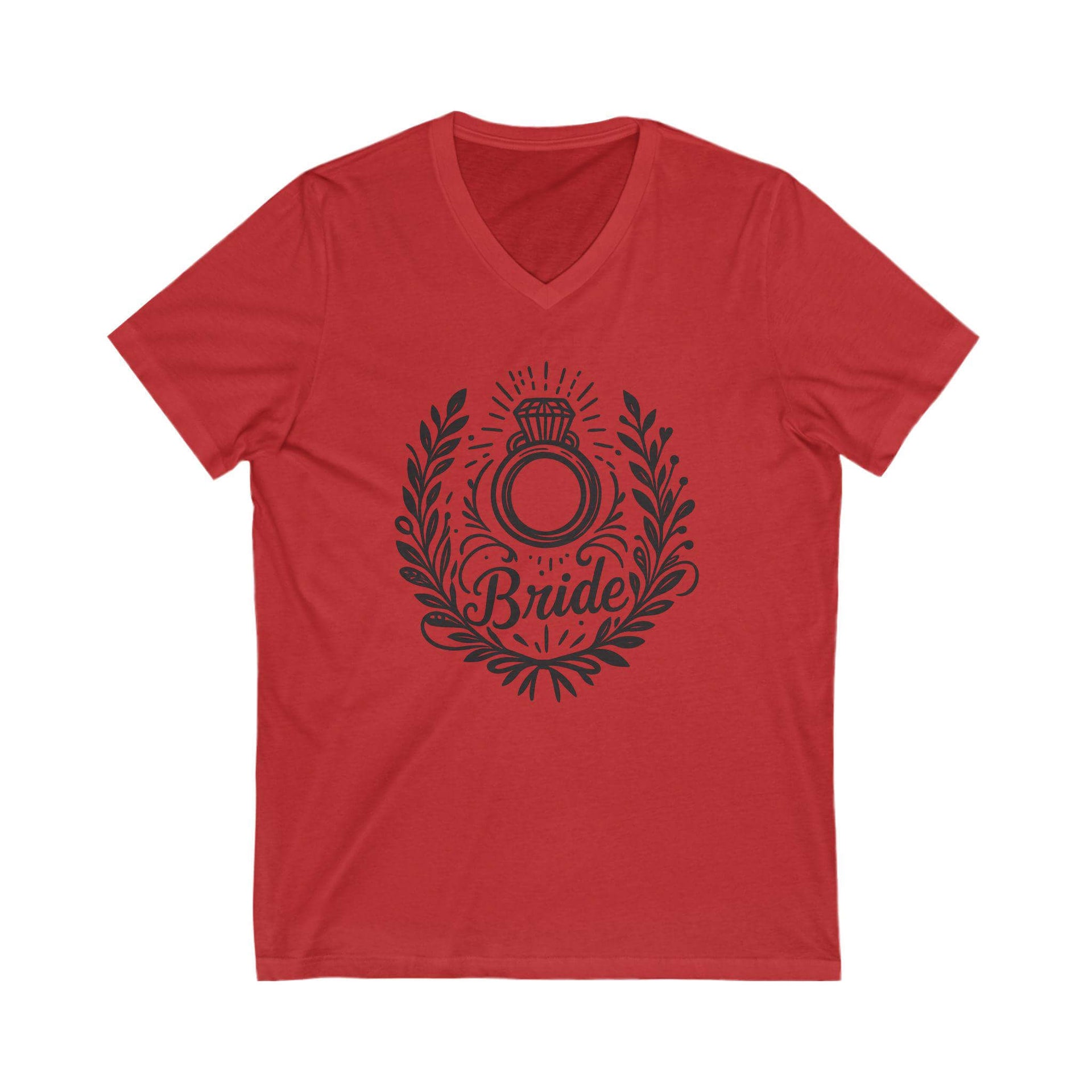 Red t-shirt with black 'Bride' design featuring a ring and laurel wreath on a white background