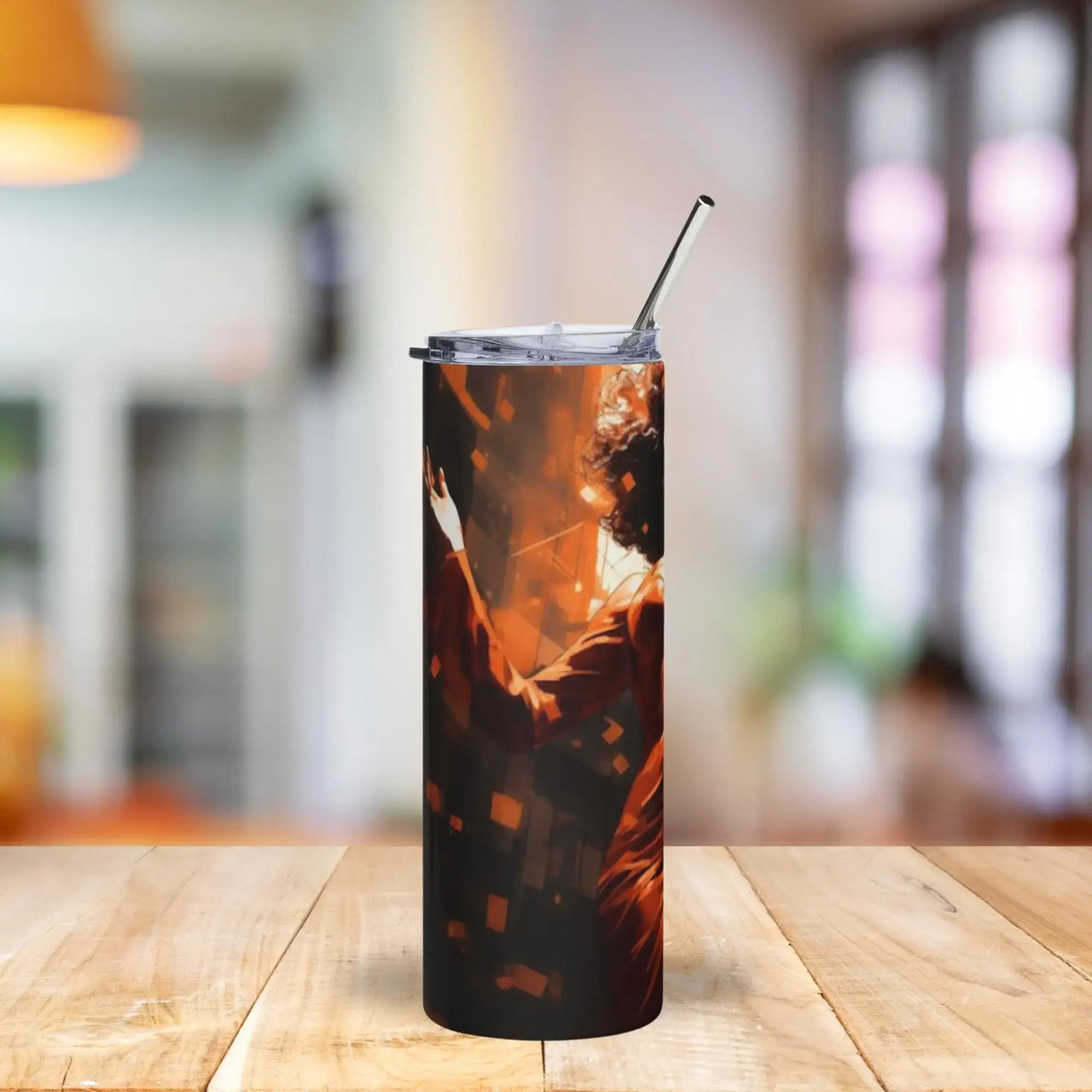 Radiant City Glow Tumbler | 20oz Stainless Steel Cup with Fiery Red Dress Design