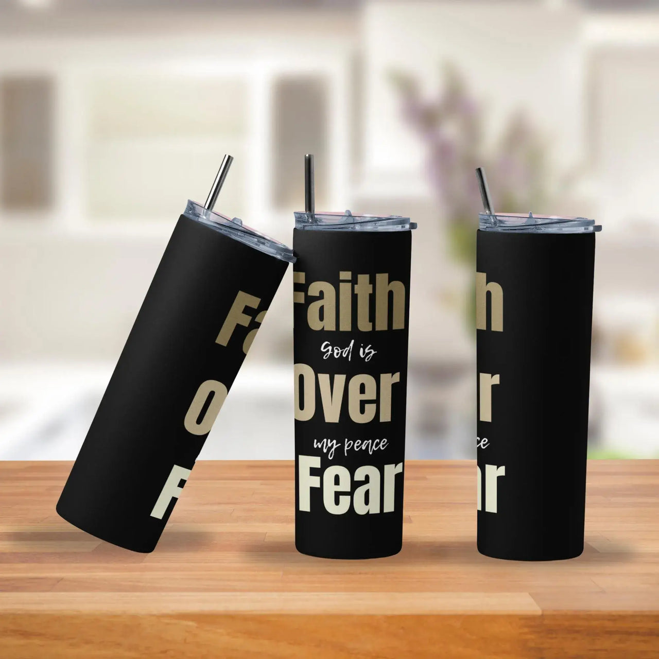 Faith Over Fear Tumbler | 20oz Black and Gold Stainless Steel Christian Cup with Inspirational Quote