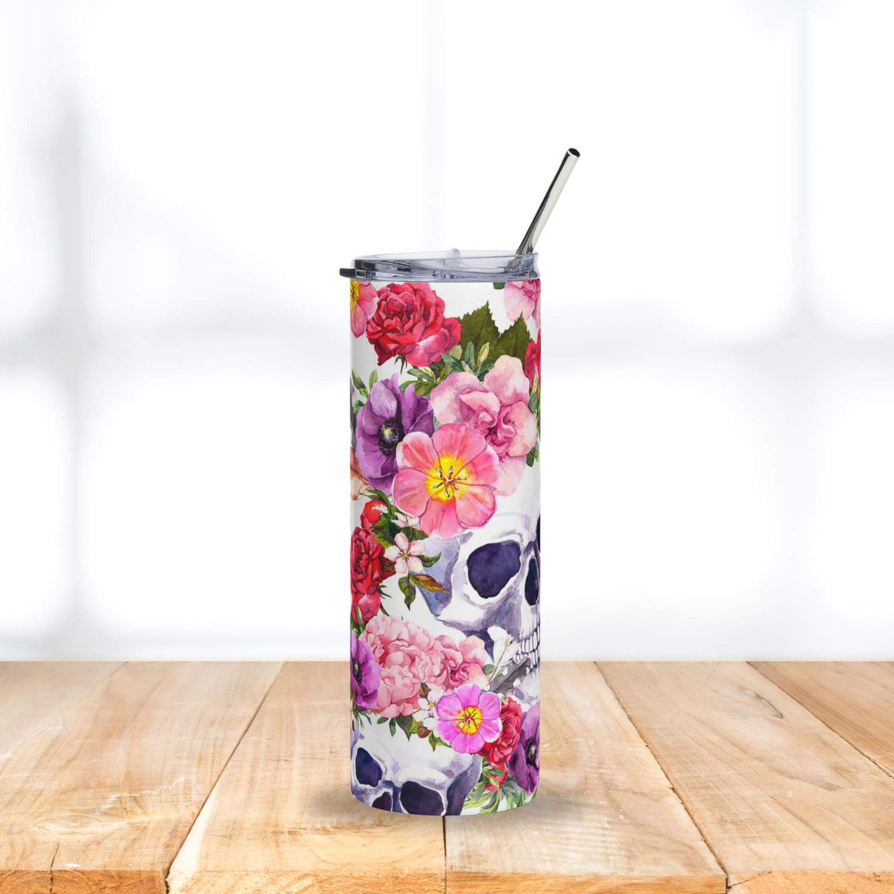 Floral Skull Tumbler | 20oz Stainless Steel Cup with Gothic Watercolor Flowers