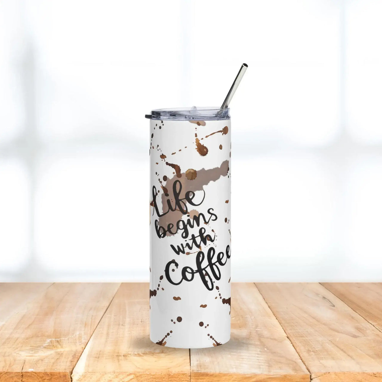 Life Begins with Coffee Tumbler | 20oz Stainless Steel Cup with Coffee Stain Design