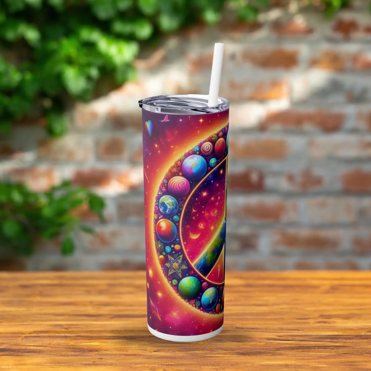 Cosmic Peace Sign Tumbler | 20oz Stainless Steel Cup with Vibrant Galaxy Planets
