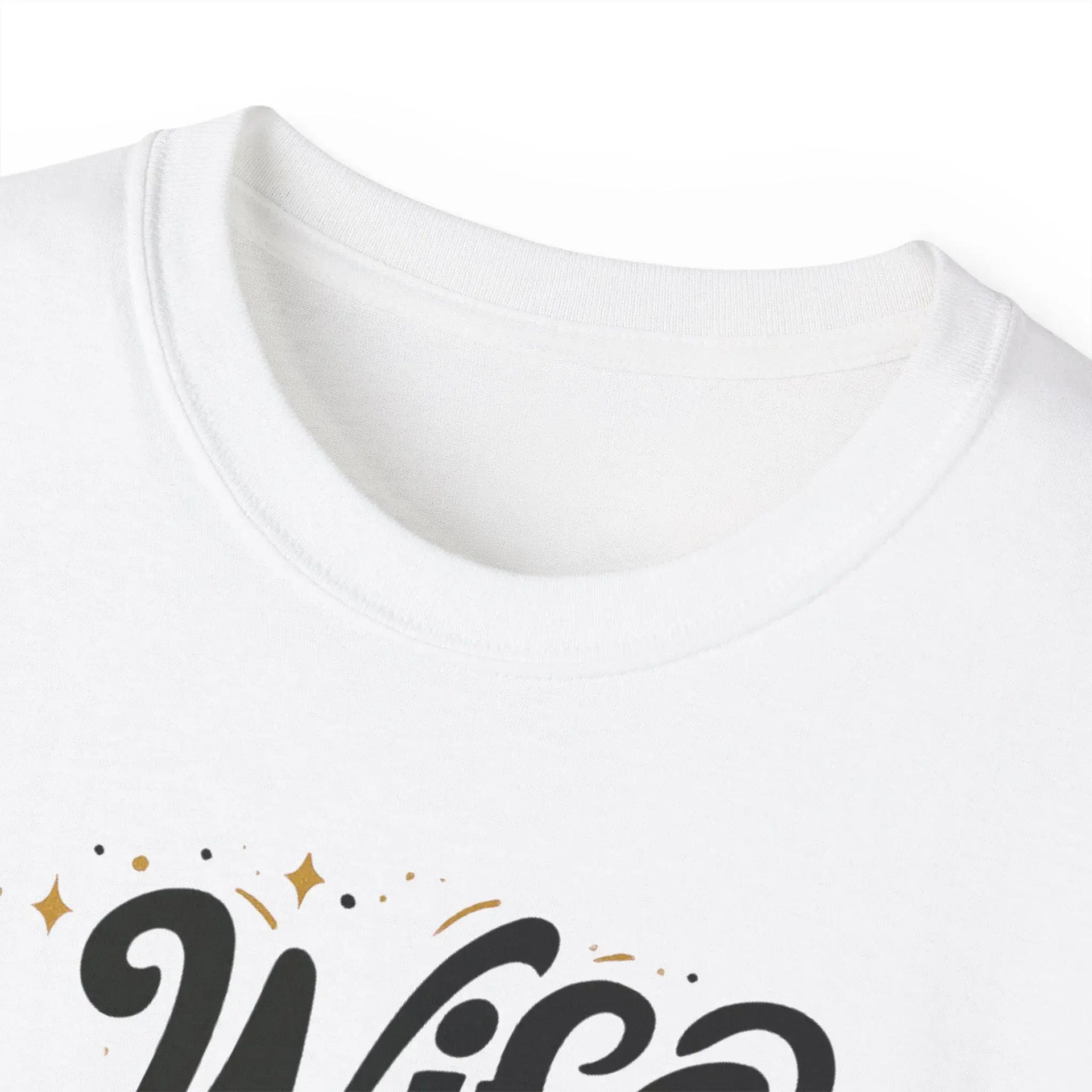 White t-shirt with black and gold 'Wife' text on a white background