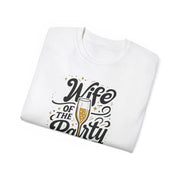 White t-shirt with 'Wife of the Party' text and champagne graphic on a white background