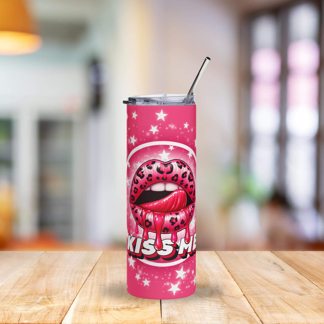 Kiss Me Pink Leopard Lips Tumbler | 20oz Stainless Steel Cup with Starry Glam Design