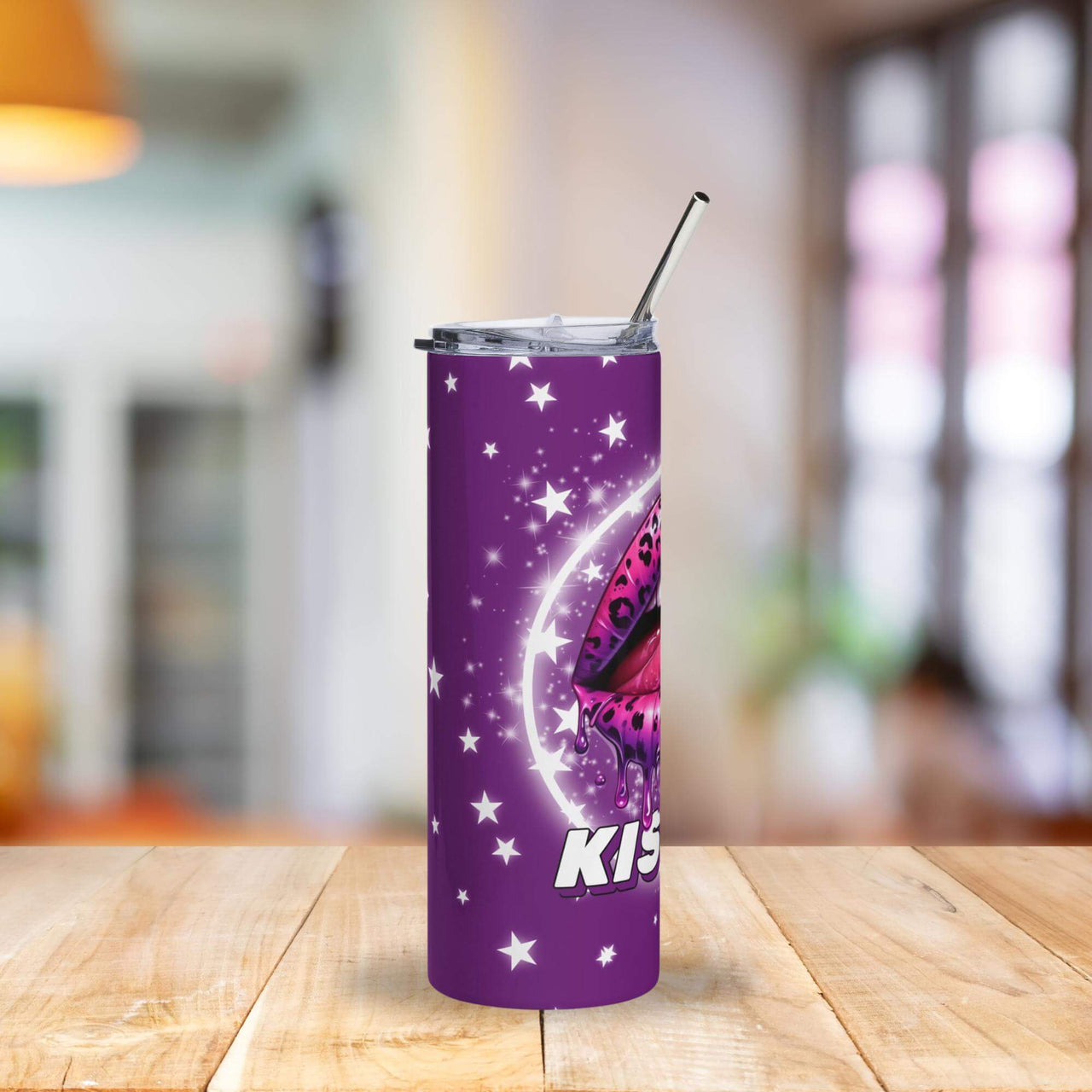 Kiss Me Purple Leopard Lips Tumbler | 20oz Stainless Steel Cup with Starry Galaxy Design