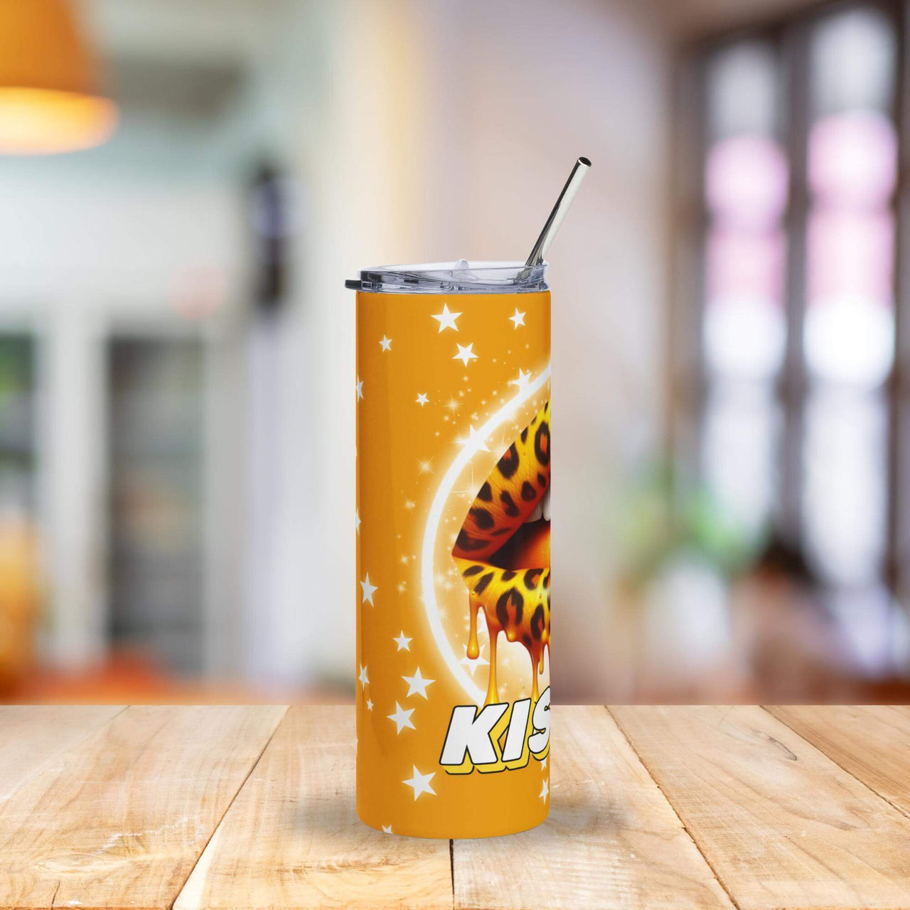Kiss Me Leopard Print Lips Tumbler | 20oz Stainless Steel Cup with Dripping Gold & Stars