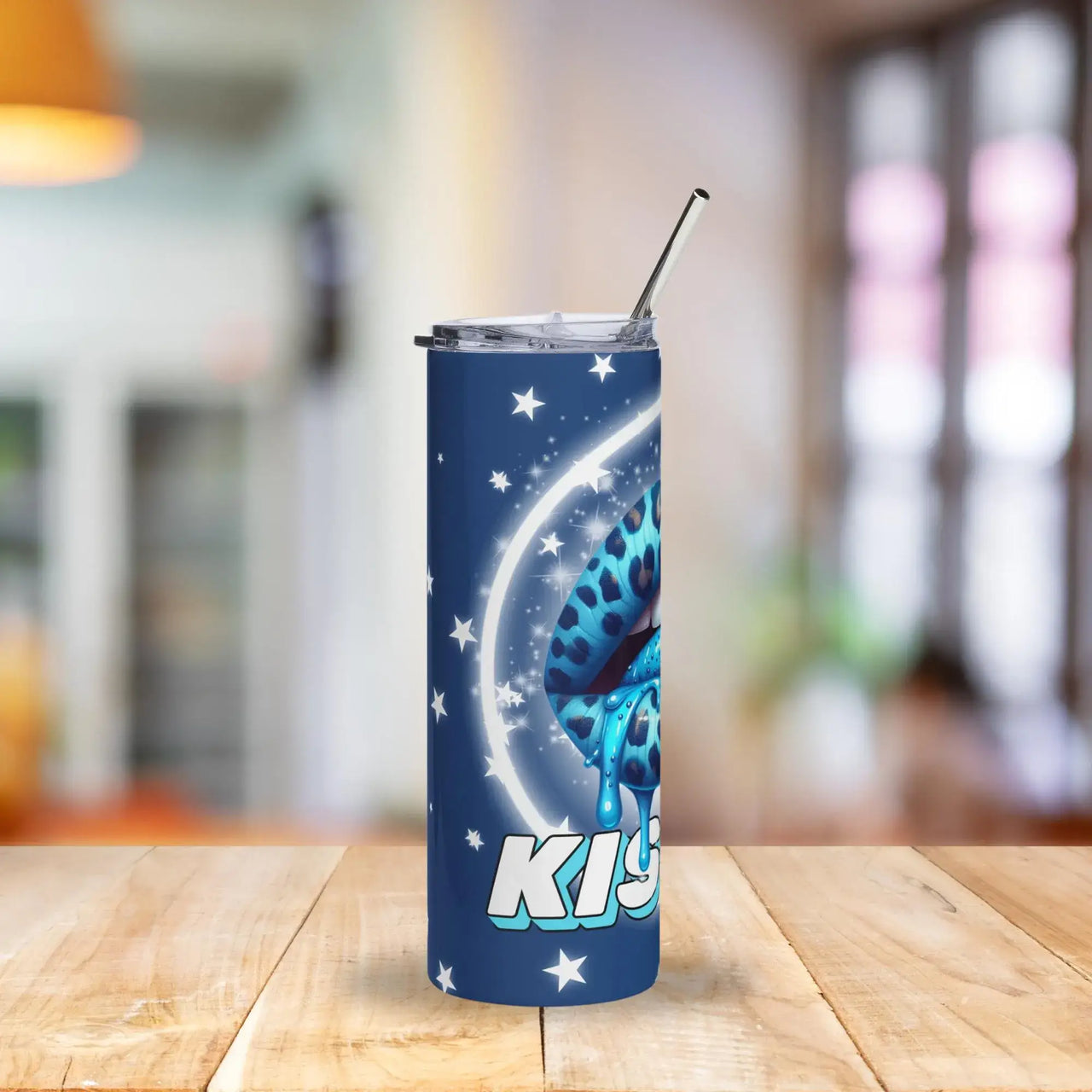 Blue Leopard Kiss Me Tumbler | 20oz Stainless Steel Cup with Starry Night Design