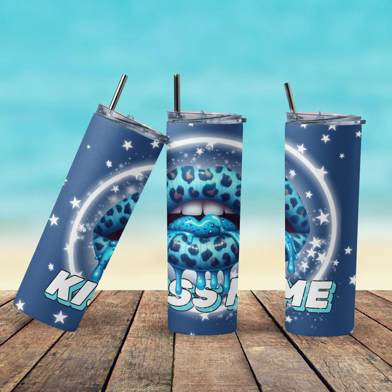 Blue Leopard Kiss Me Tumbler | 20oz Stainless Steel Cup with Starry Night Design