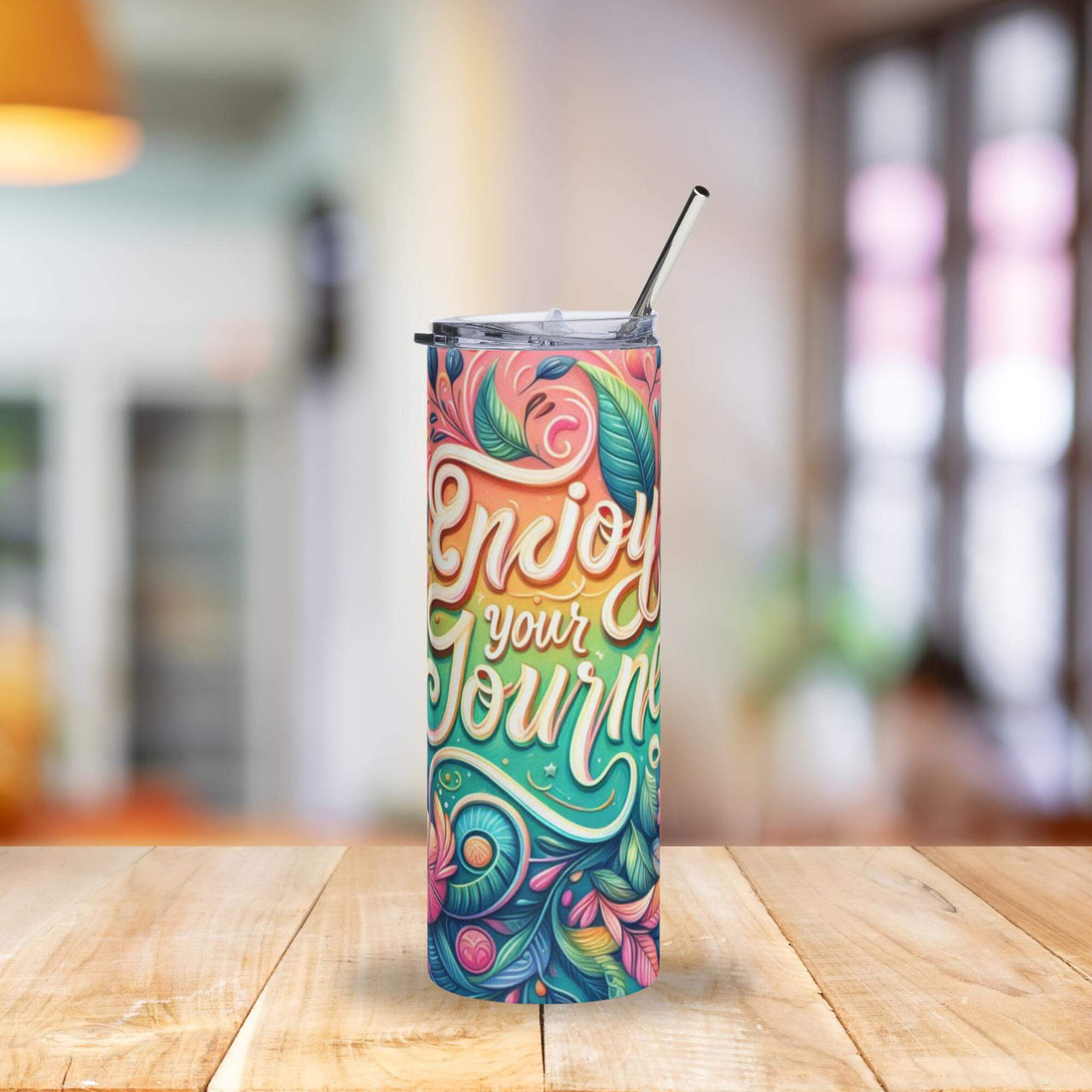 Enjoy Your Journey Tumbler | 20oz Stainless Steel Travel Cup with Colorful Floral Art & Positive Quote