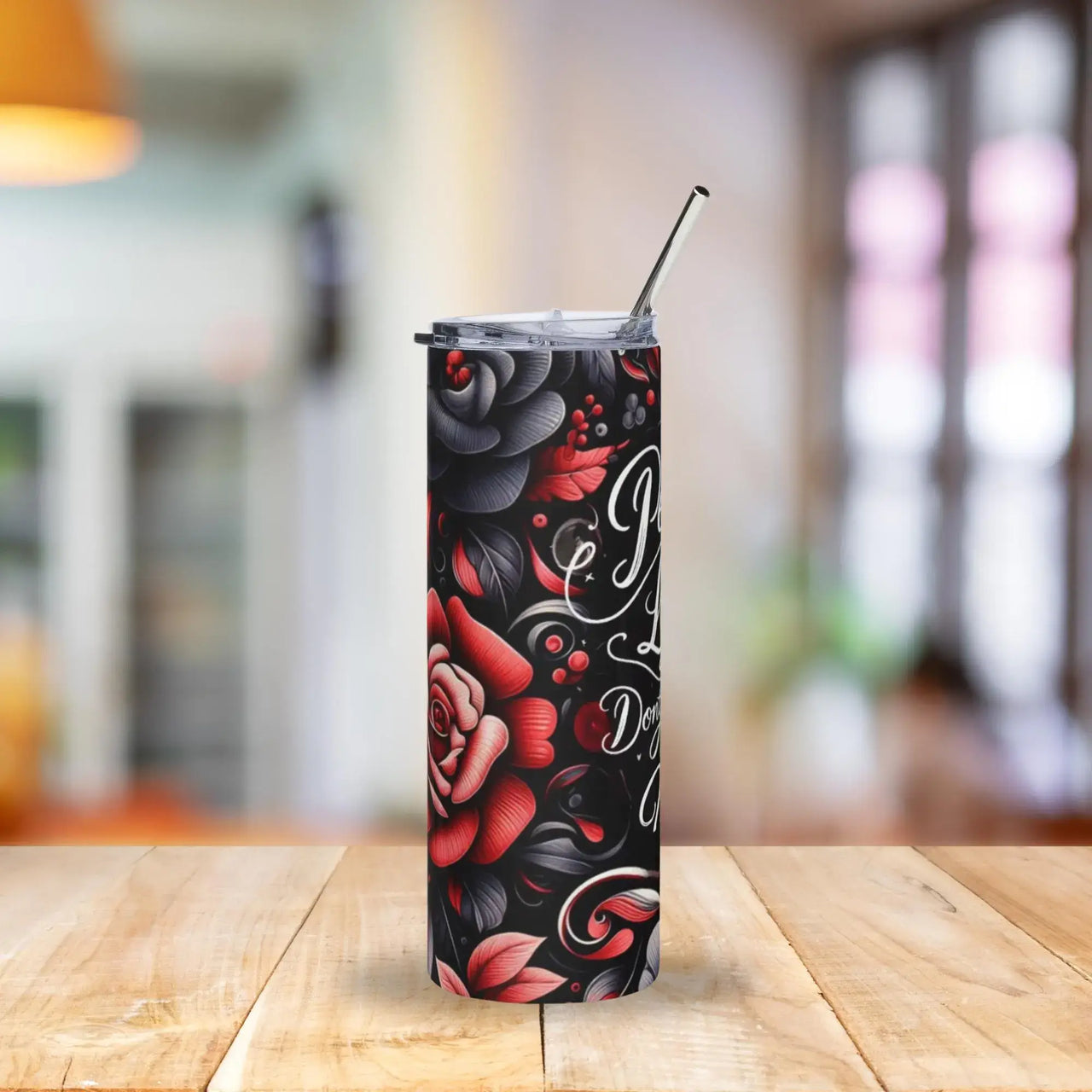 Peace Love Don’t Try Me Tumbler | 20oz Stainless Steel Cup with Red & Black Floral Design