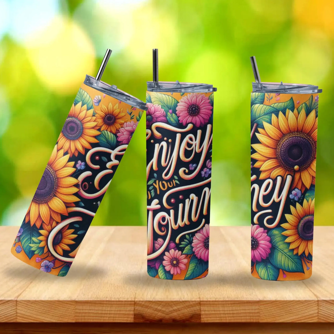 Enjoy Your Journey Sunflower Tumbler | 20oz Stainless Steel Cup with Bright Floral Artwork