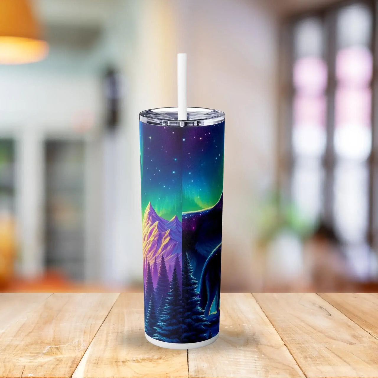 Northern Lights Wolf Tumbler | 20oz Stainless Steel Cup with Vibrant Aurora & Wolf Pack Design