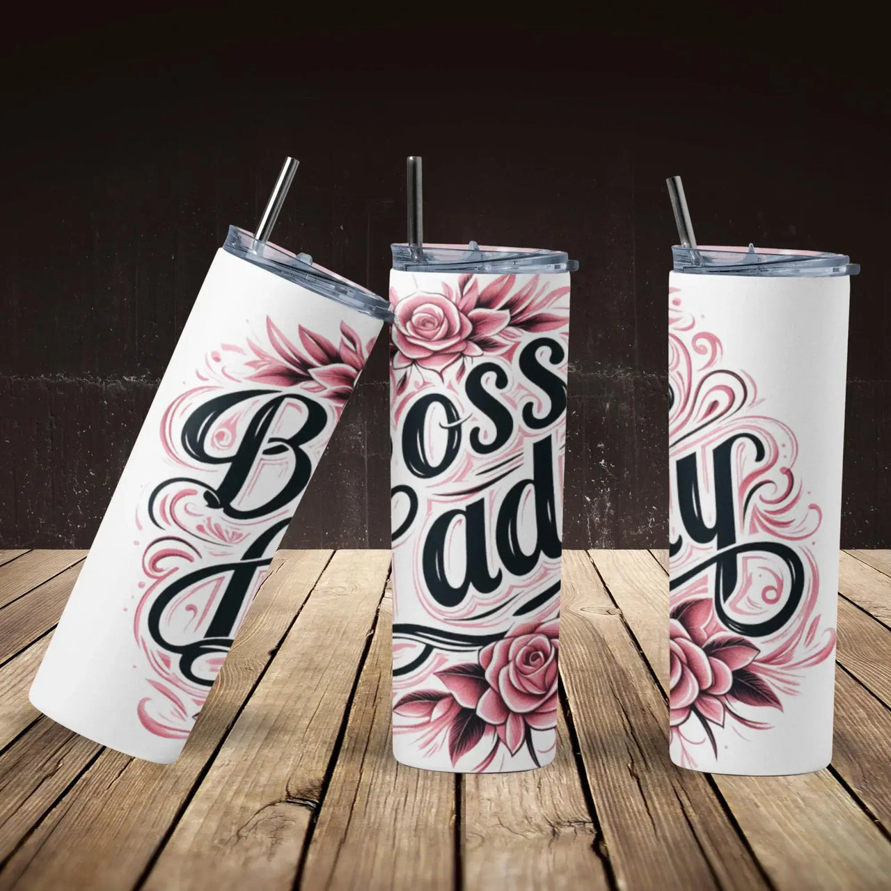 Boss Lady Rose Tumbler | 20oz Stainless Steel Cup with Elegant Pink Floral Script