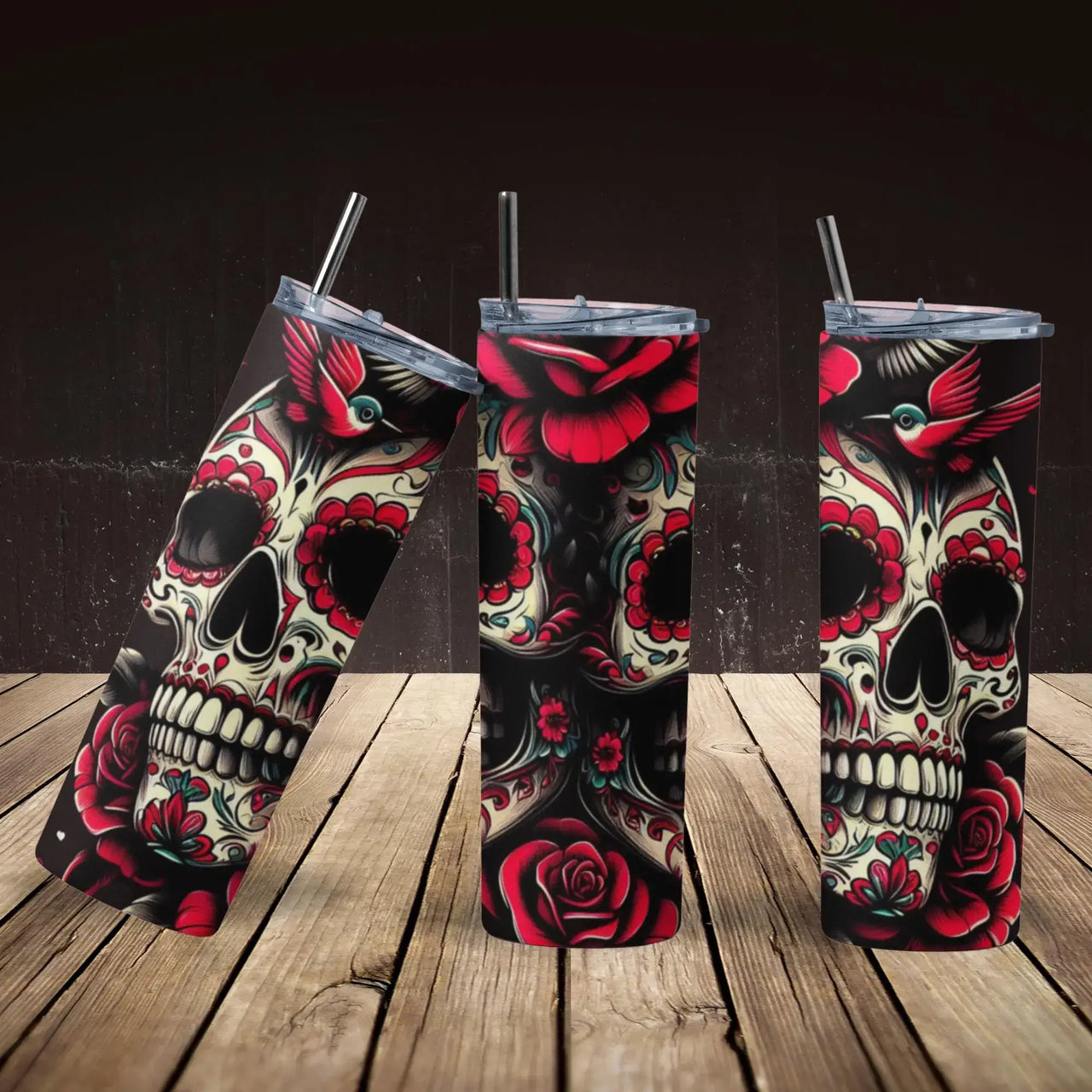 Sugar Skull & Roses Tumbler | 20oz Stainless Steel Cup with Vibrant Day of the Dead Design