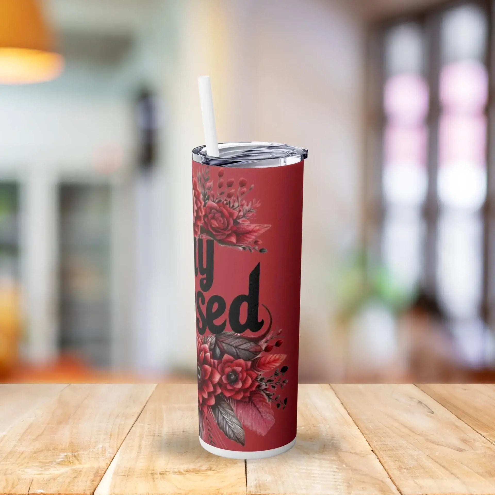 20oz Stay Focused tumbler – stainless steel floral motivational cup, pink background drinkware gift