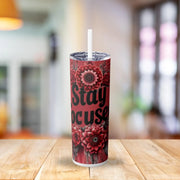 Stay Focused motivational tumbler – 20oz pink stainless steel cup with floral artwork, insulated inspirational drinkware