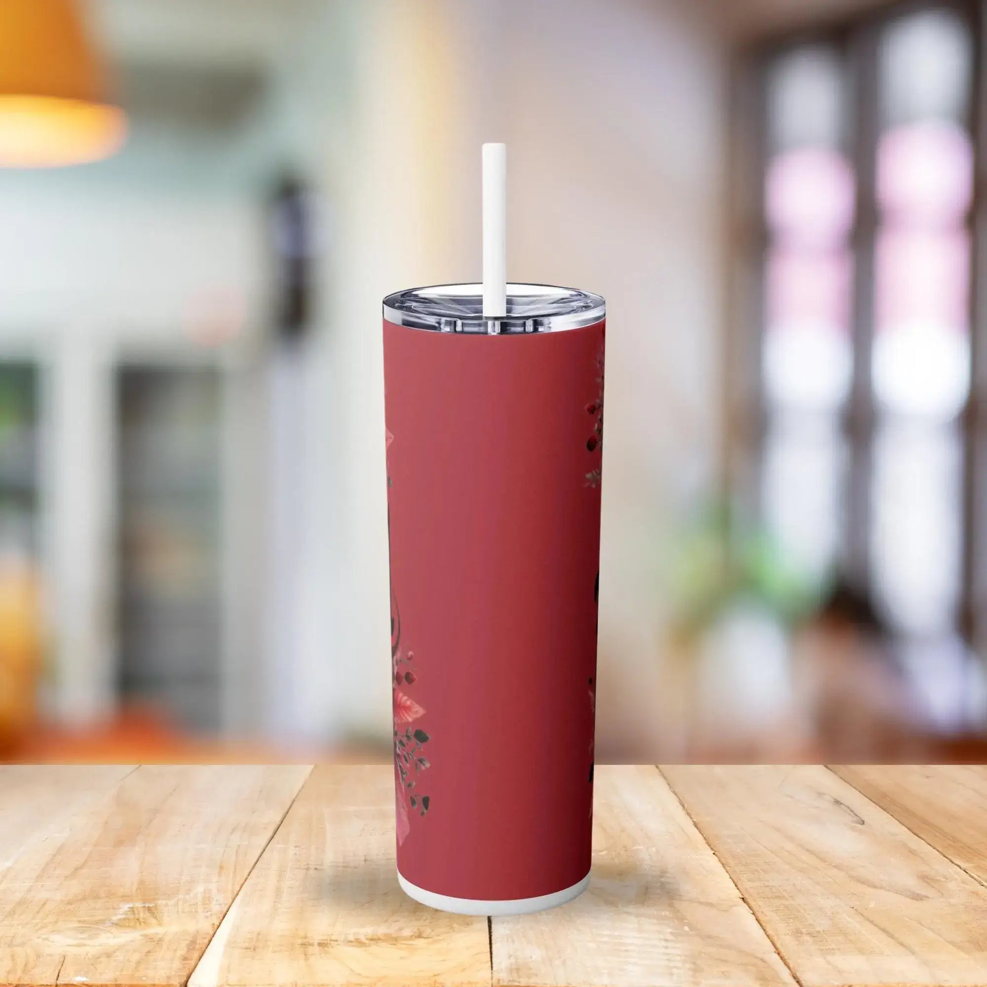 20oz stainless steel tumbler – pink cup with bold red floral design, matching Stay Focused motivational drinkware