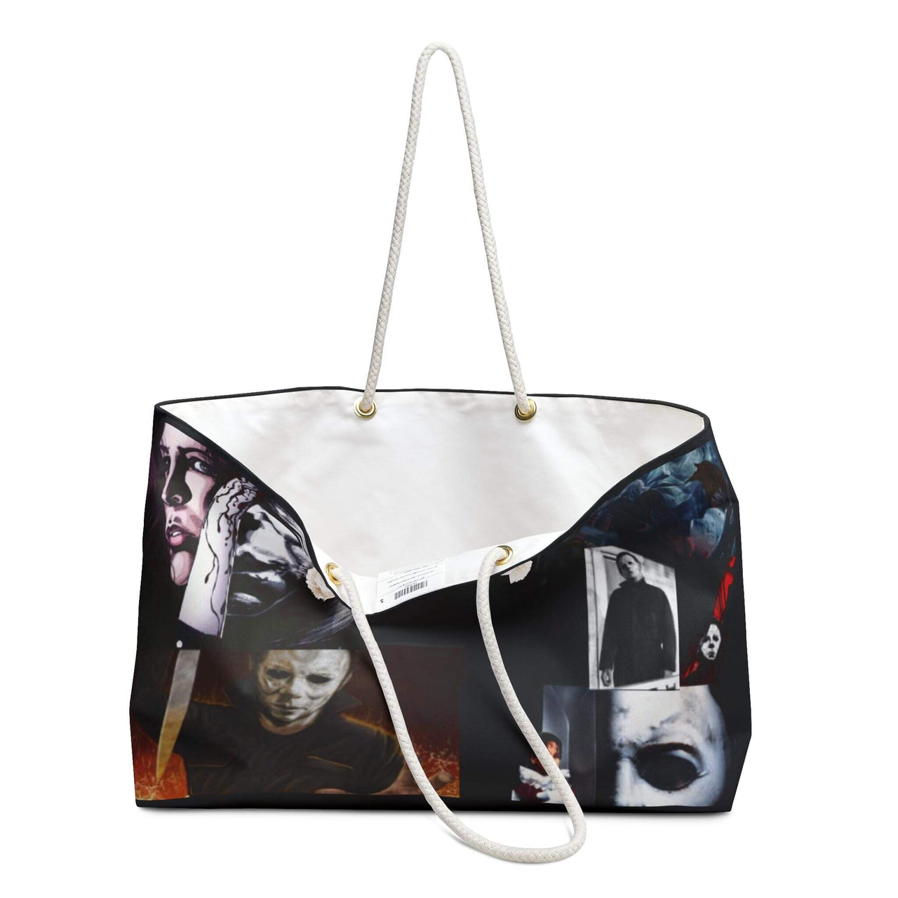 Tote bag with graphic design of faces on a white background