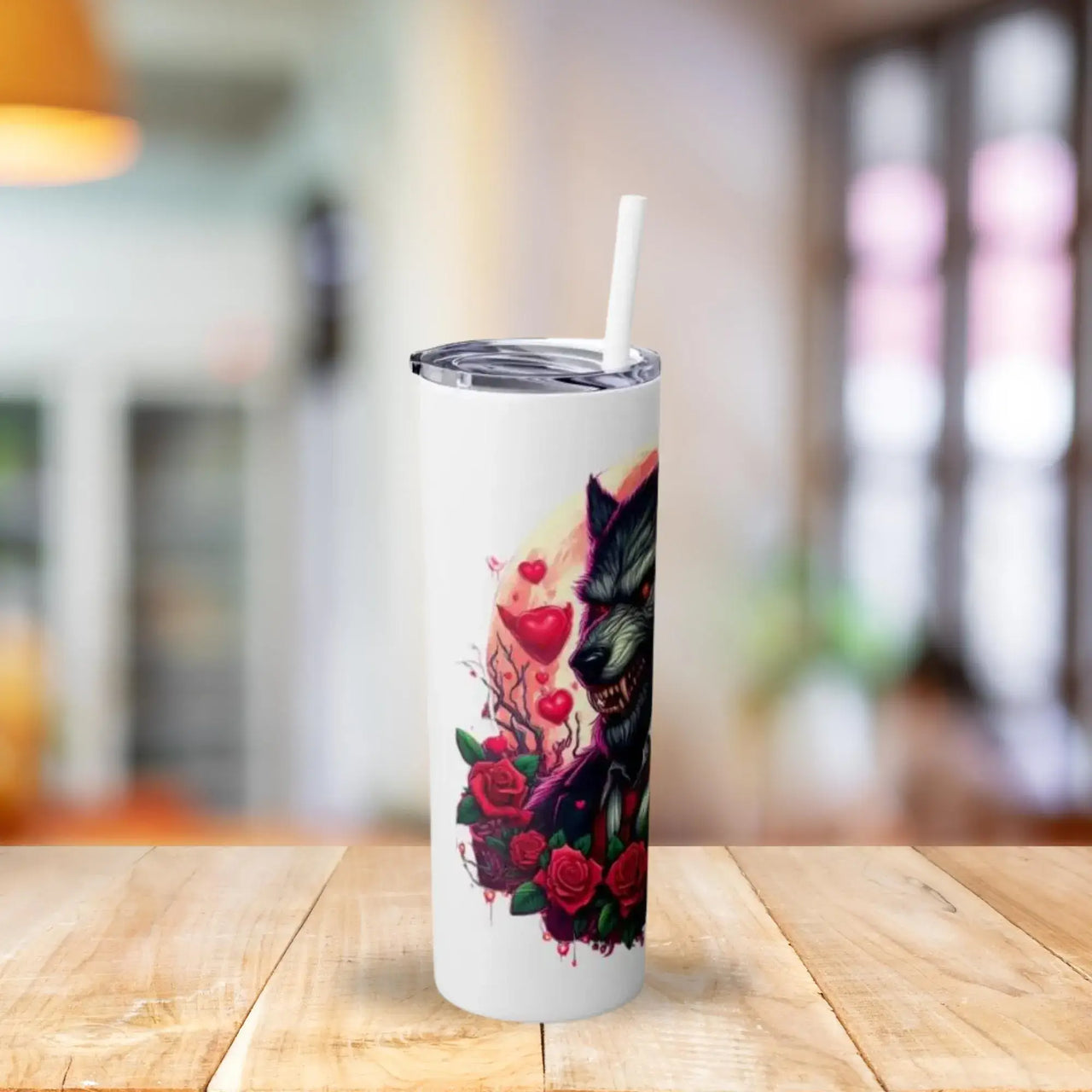 Valentine Werewolf Tumbler | 20oz Stainless Steel Cup with Gothic Hearts & Roses