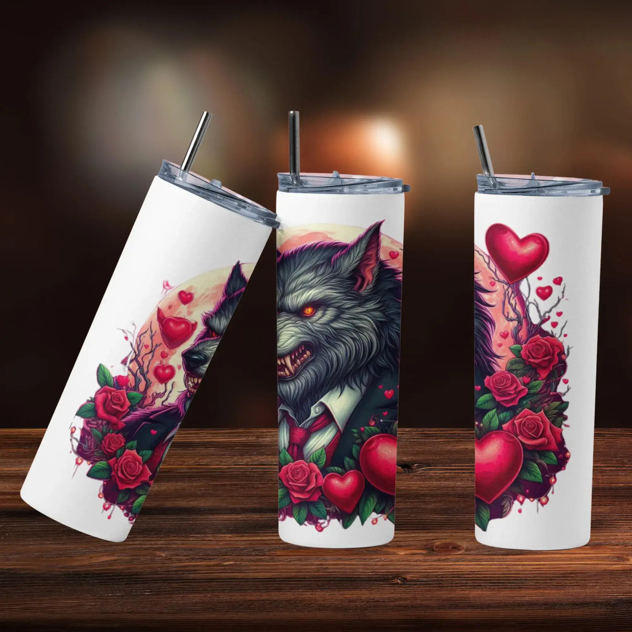 Valentine Werewolf Tumbler | 20oz Stainless Steel Cup with Gothic Hearts & Roses