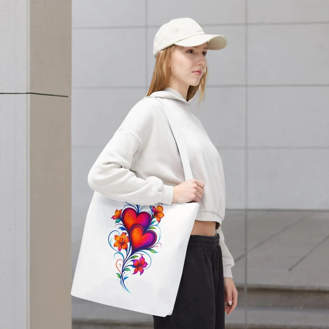 Woman holding a tote bag with a colorful heart design against a gray tiled wall.