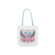 White tote bag with a colorful design featuring wings and text on a white background