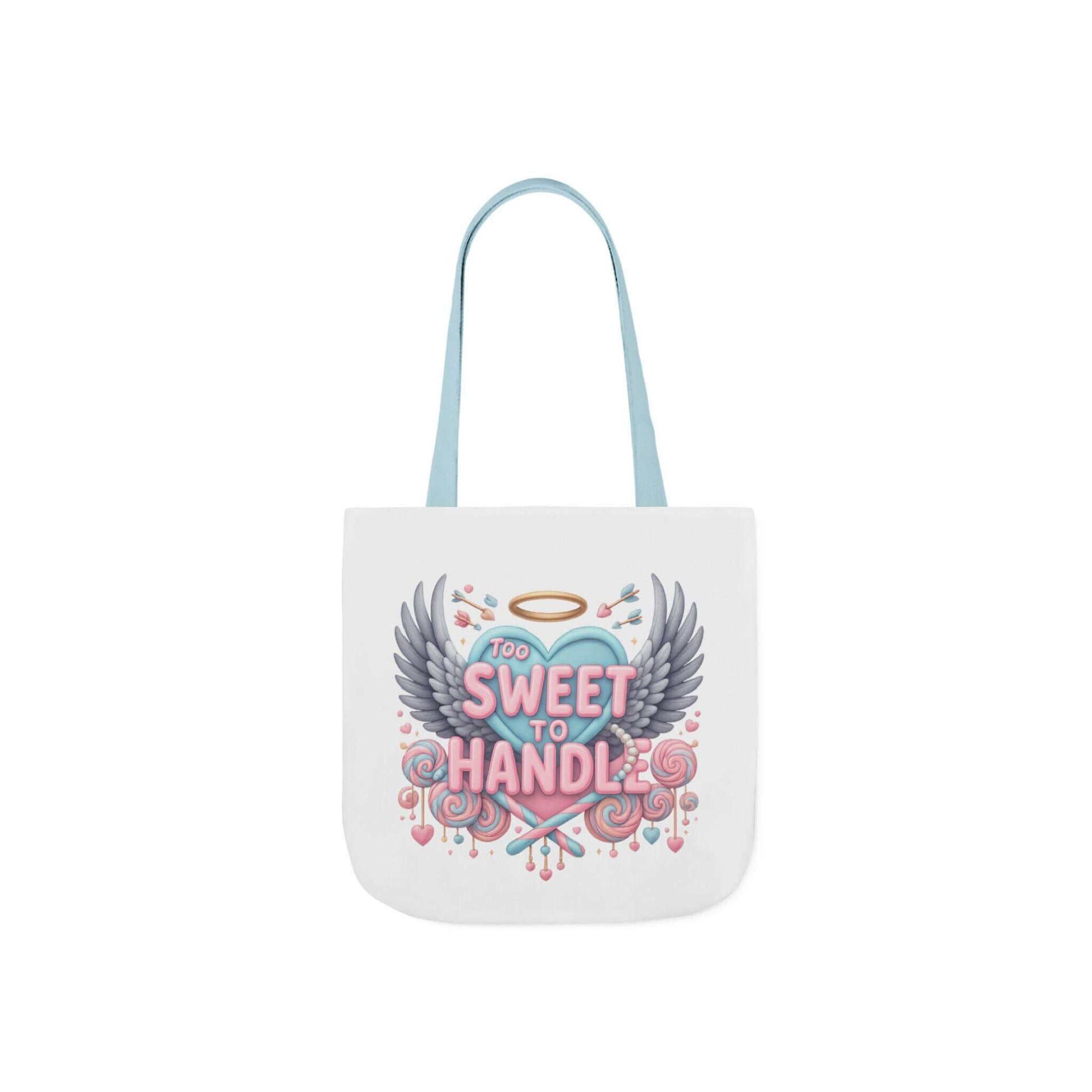 White tote bag with a colorful design featuring wings and text on a white background