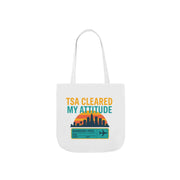 White tote bag with 'TSA Cleared My Attitude' text and graphics on a white background