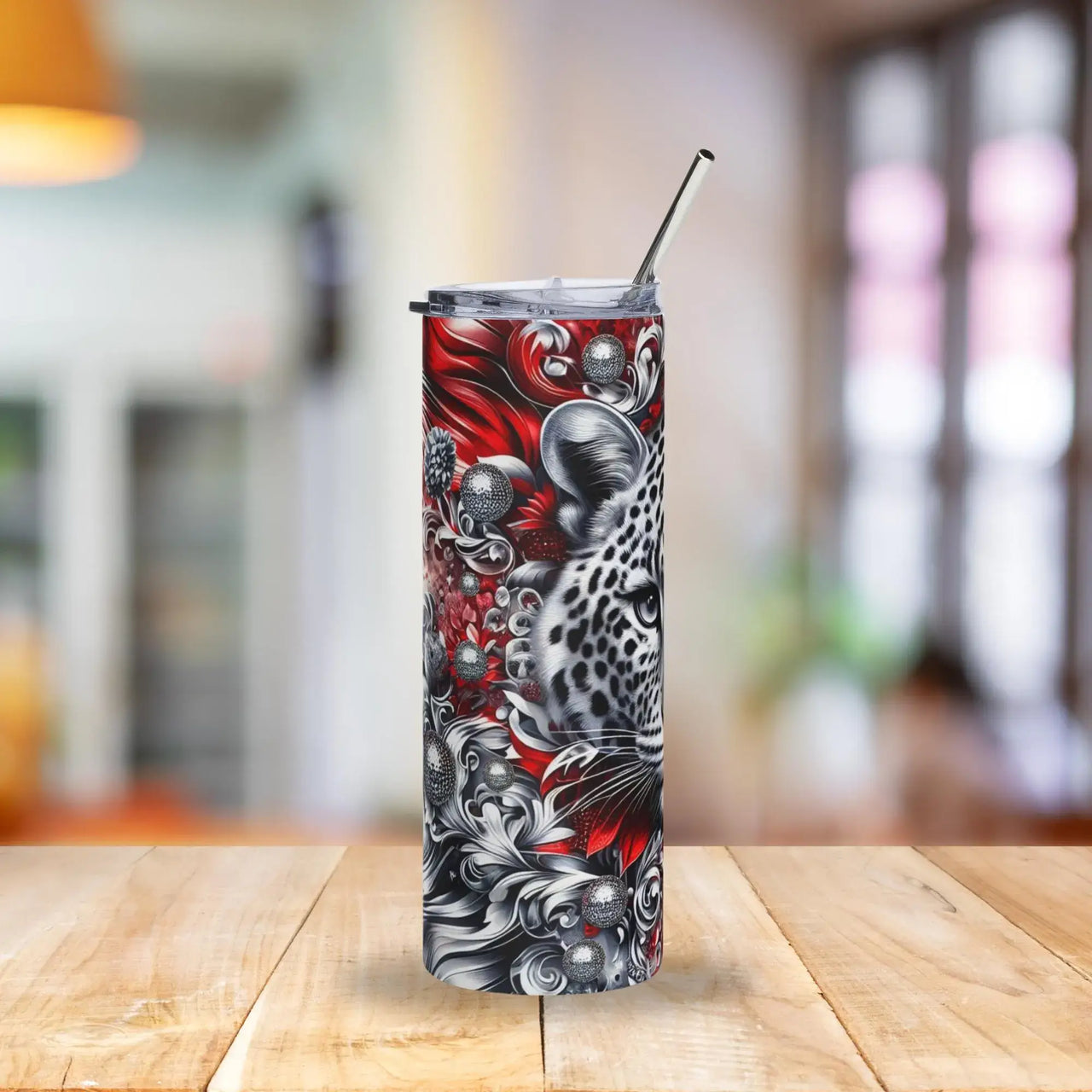 Majestic Snow Leopard Tumbler | 20oz Stainless Steel Cup with Red & Silver Ornate Jungle Art