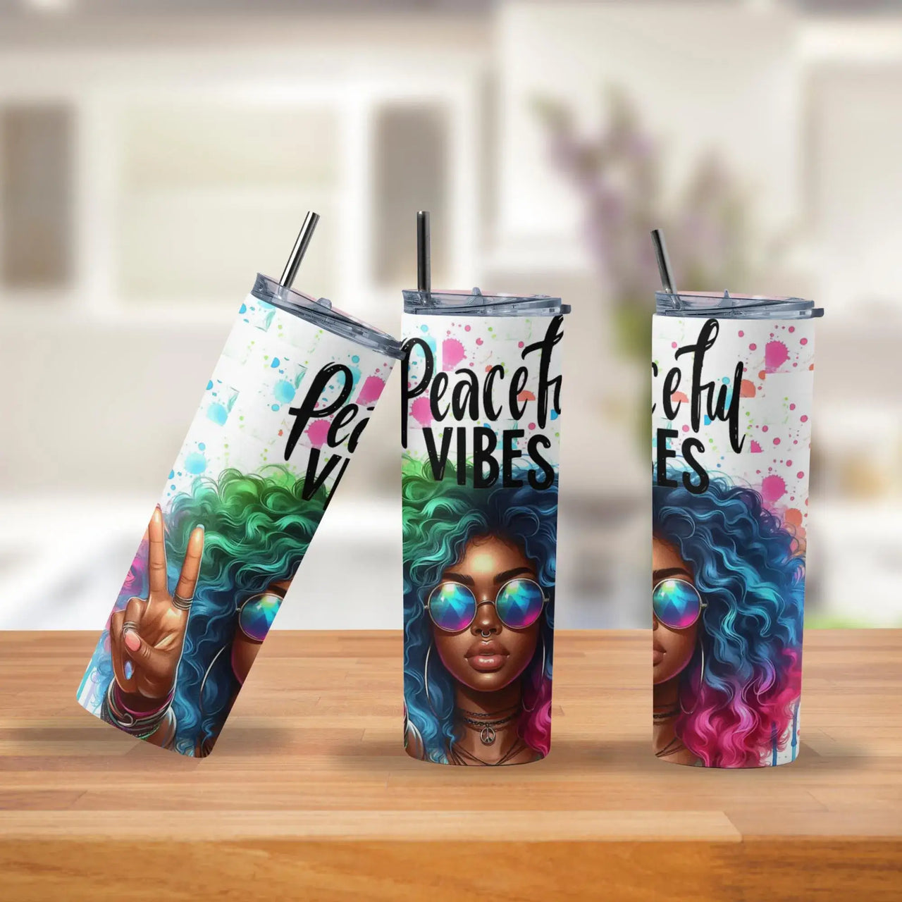 Peaceful Vibes Tumbler | 20oz Stainless Steel Cup with Colorful Afro Woman & Peace Sign Design