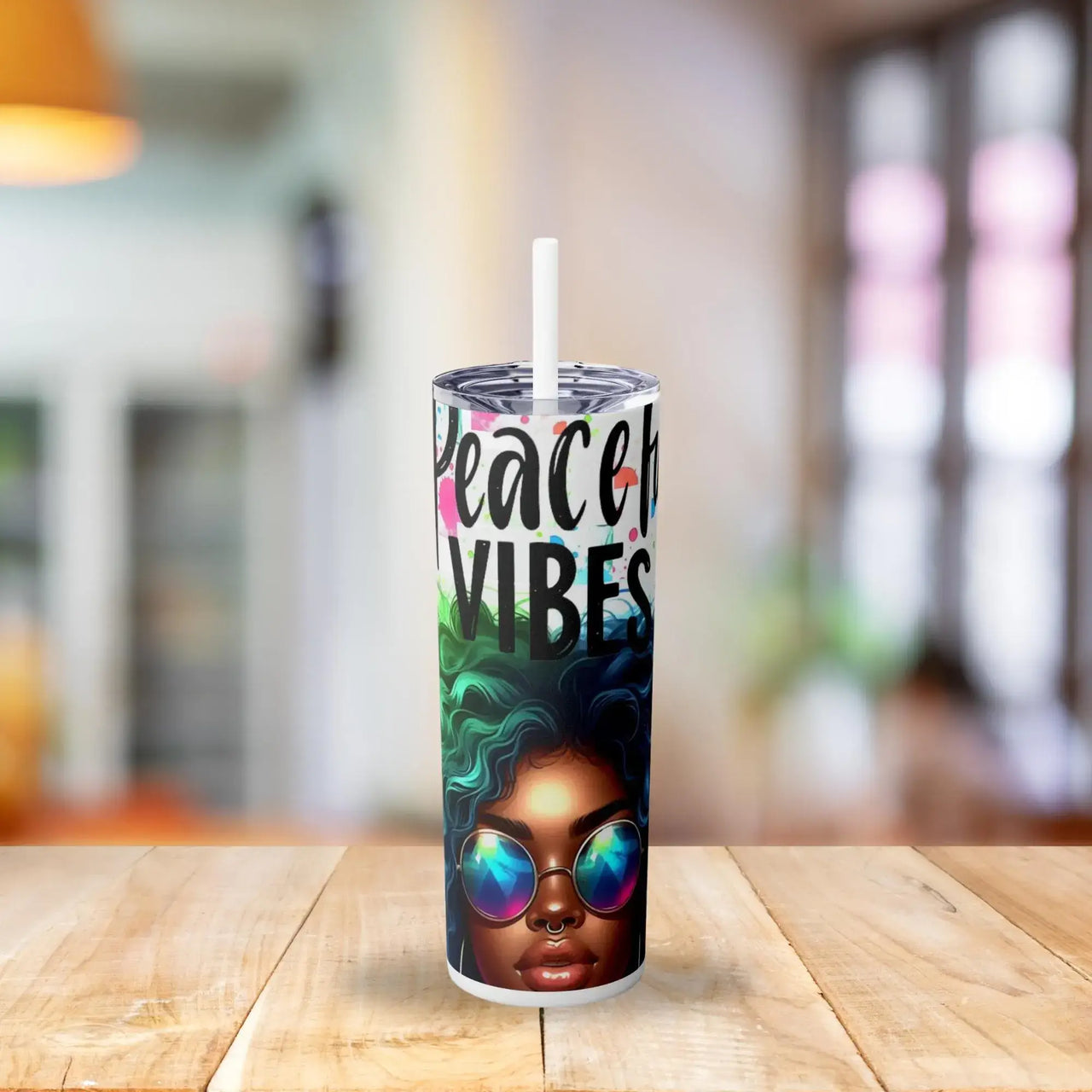 Peaceful Vibes Tumbler | 20oz Stainless Steel Cup with Colorful Afro Woman & Peace Sign Design