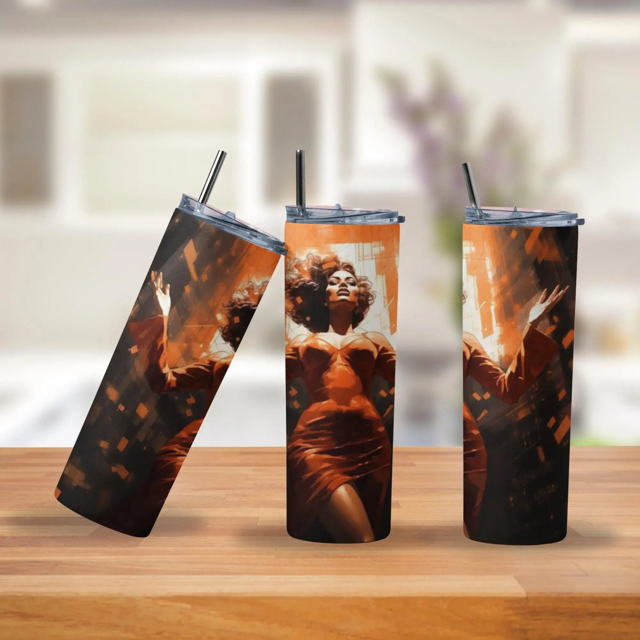 Radiant City Glow Tumbler | 20oz Stainless Steel Cup with Fiery Red Dress Design