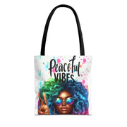 Tote bag with a colorful design of a woman with green and blue hair and 'Peaceful Vibes' text on a white background.