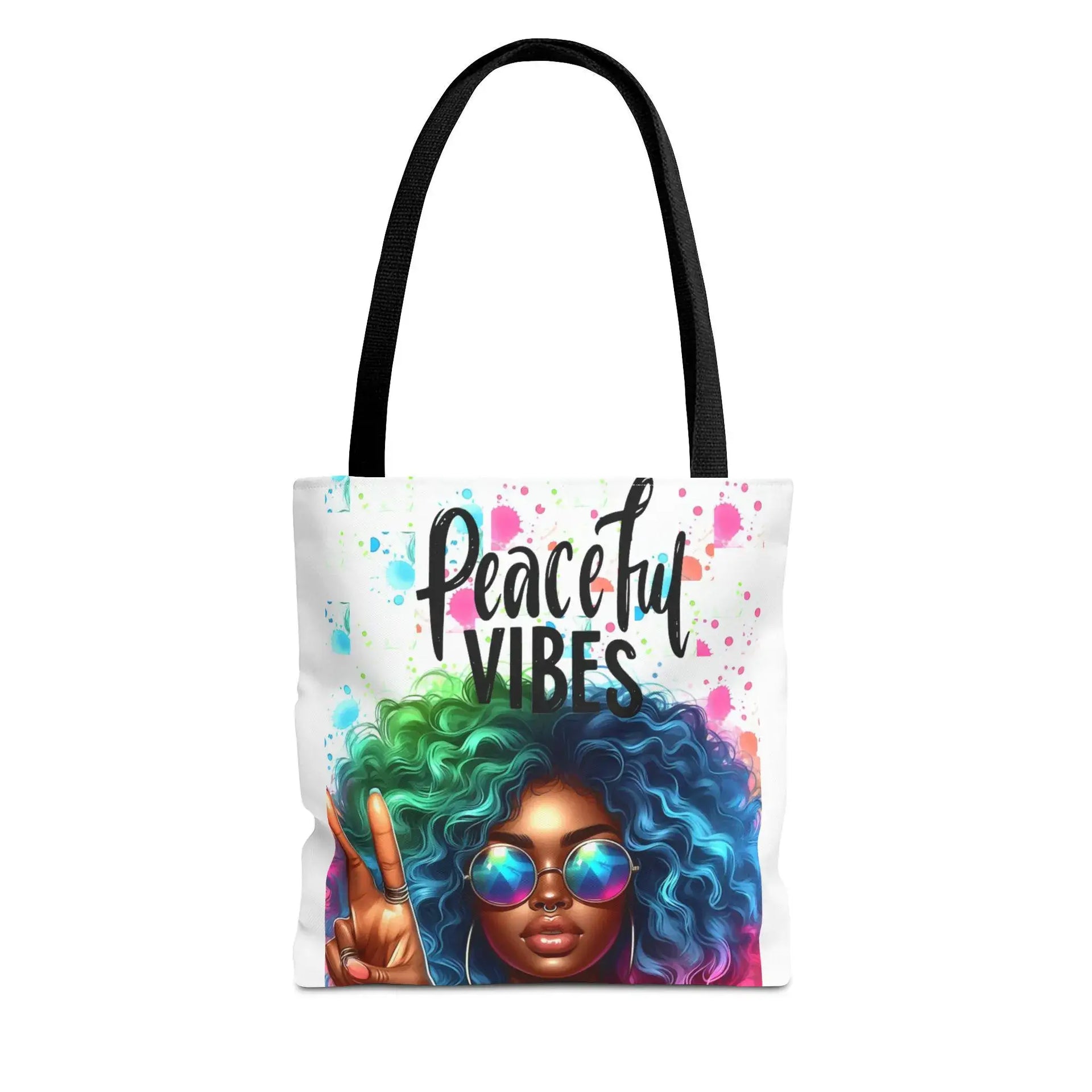 Tote bag with a colorful design of a woman with green and blue hair and 'Peaceful Vibes' text on a white background.