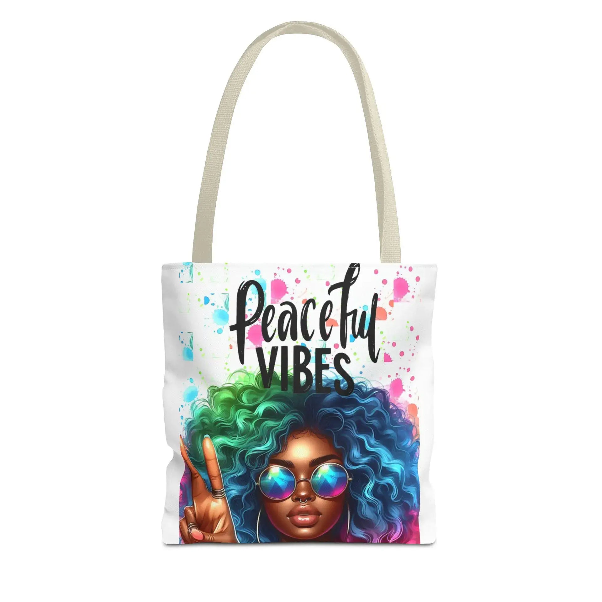 Tote bag with a colorful design of a woman with green and blue hair and 'Peaceful Vibes' text on a white background.