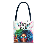 Tote bag with a colorful design of a woman with green hair and 'Peaceful Vibes' text on a white background