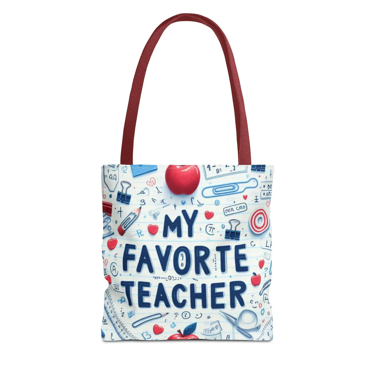 Tote bag with 'My Favorite Teacher' text and educational icons on a white background