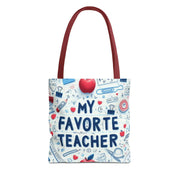 Tote bag with 'My Favorite Teacher' text and educational icons on a white background