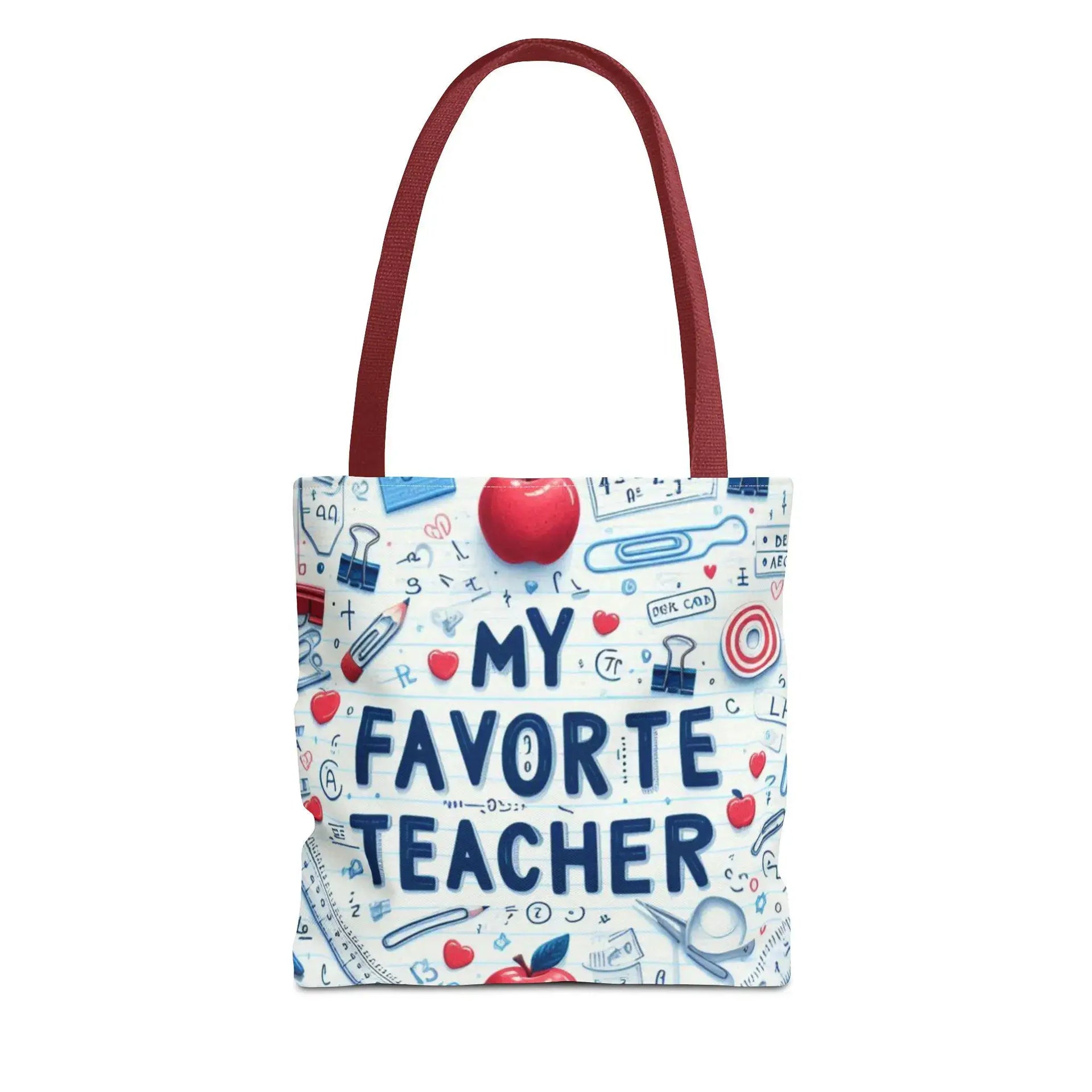 Tote bag with 'My Favorite Teacher' text and educational icons on a white background